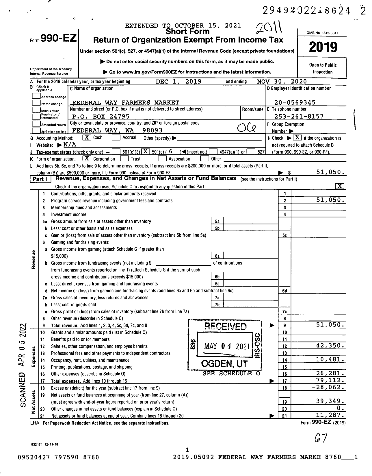 Image of first page of 2019 Form 990EO for Federal Way Farmers Market