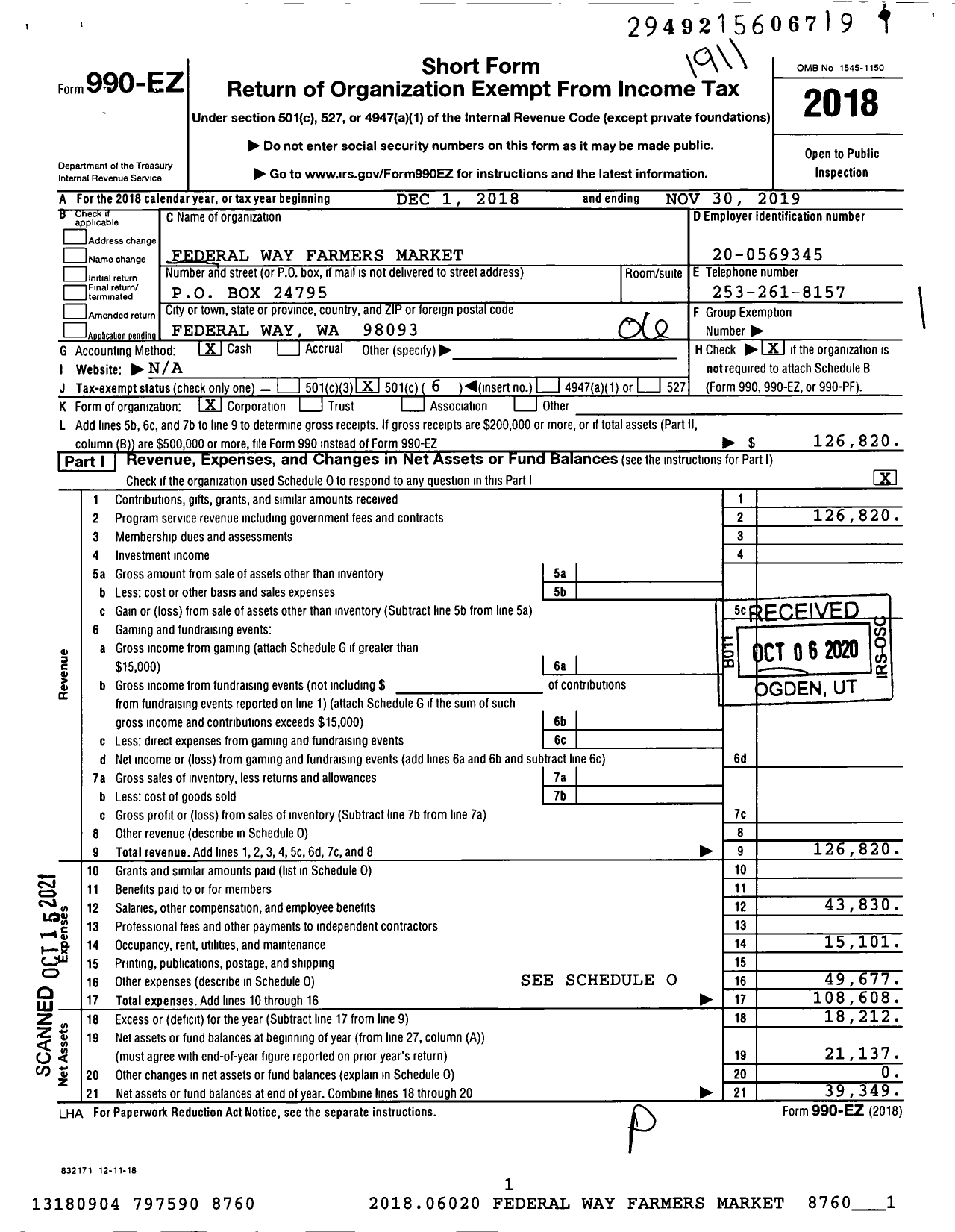 Image of first page of 2018 Form 990EO for Federal Way Farmers Market