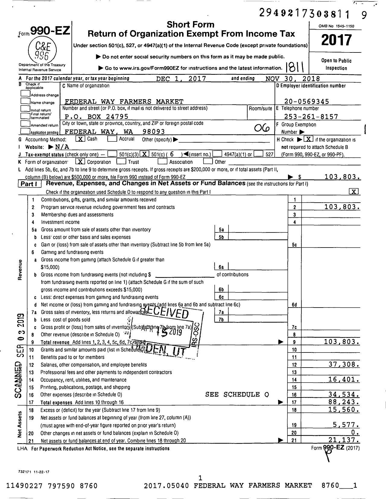 Image of first page of 2017 Form 990EO for Federal Way Farmers Market