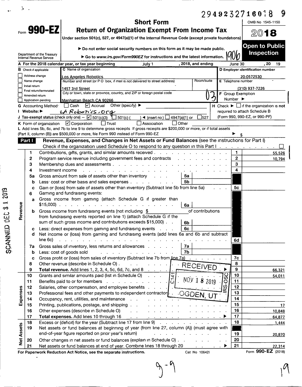 Image of first page of 2018 Form 990EZ for Los Angeles Robotics