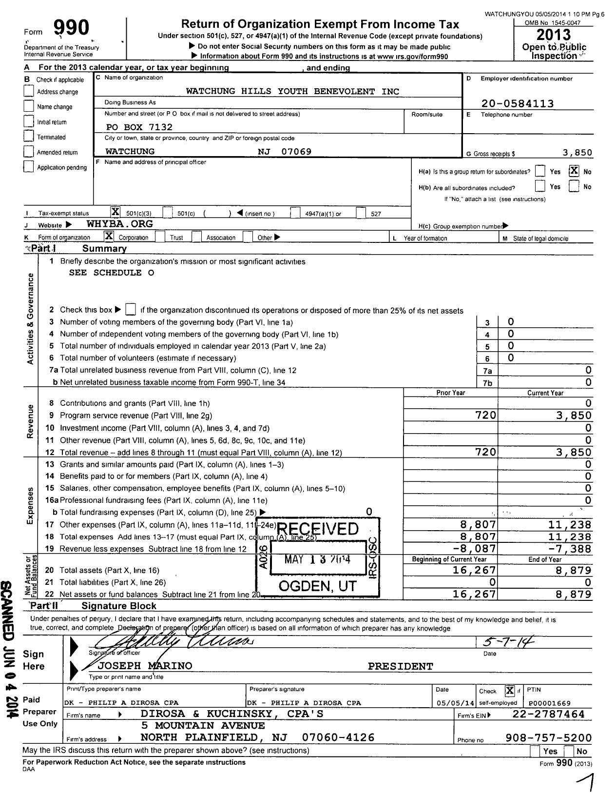 Image of first page of 2013 Form 990 for Watchung Hills Youth Benevolent Association