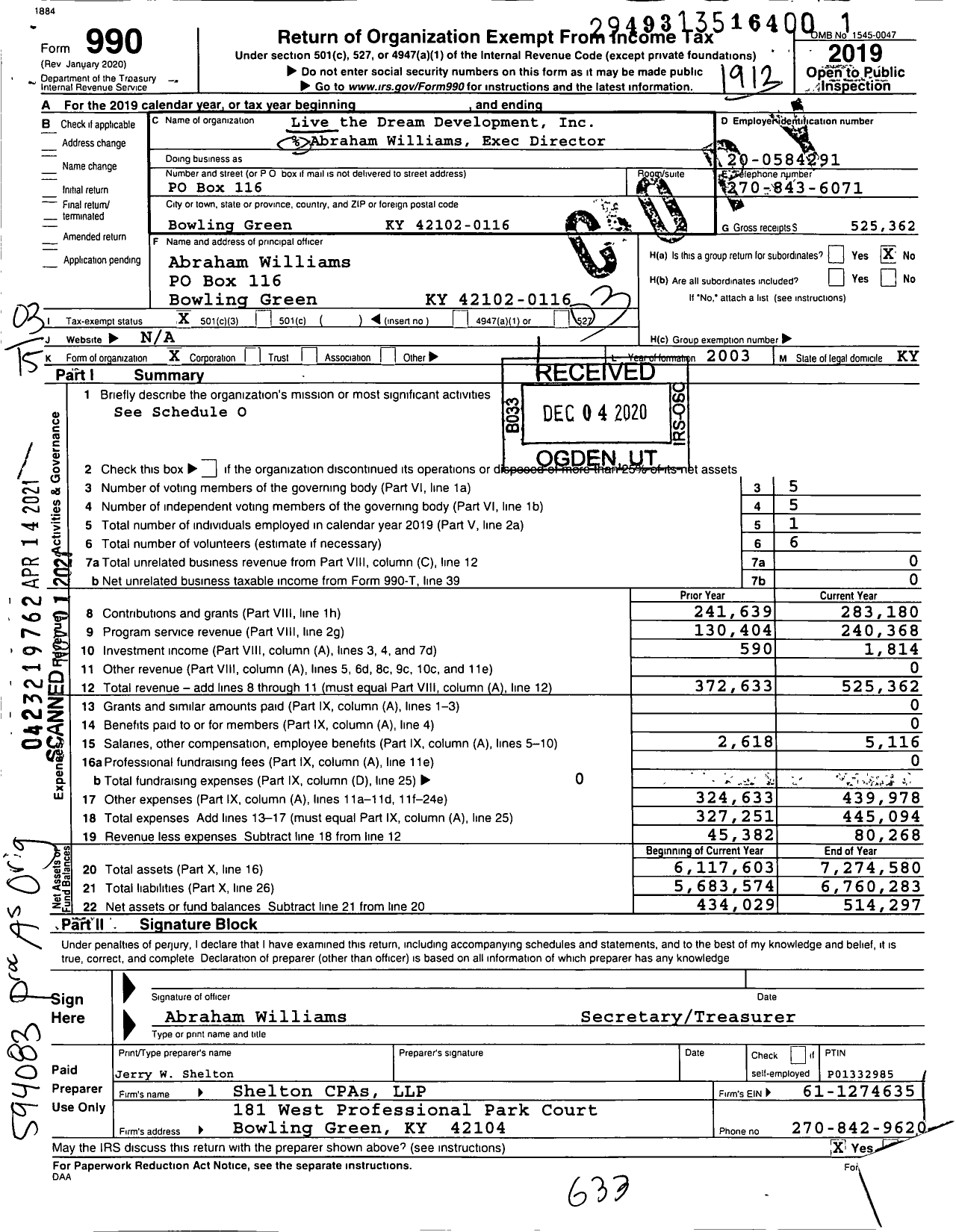 Image of first page of 2019 Form 990 for Live the Dream Development