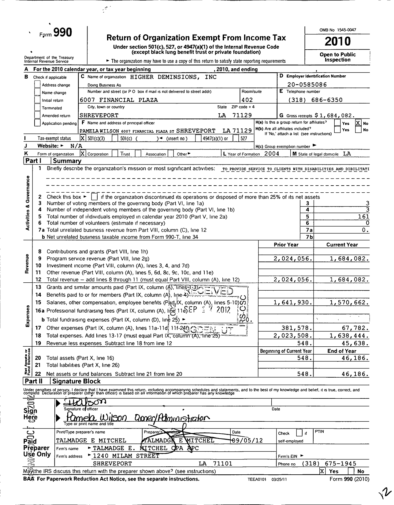 Image of first page of 2010 Form 990 for Higher Deminsions