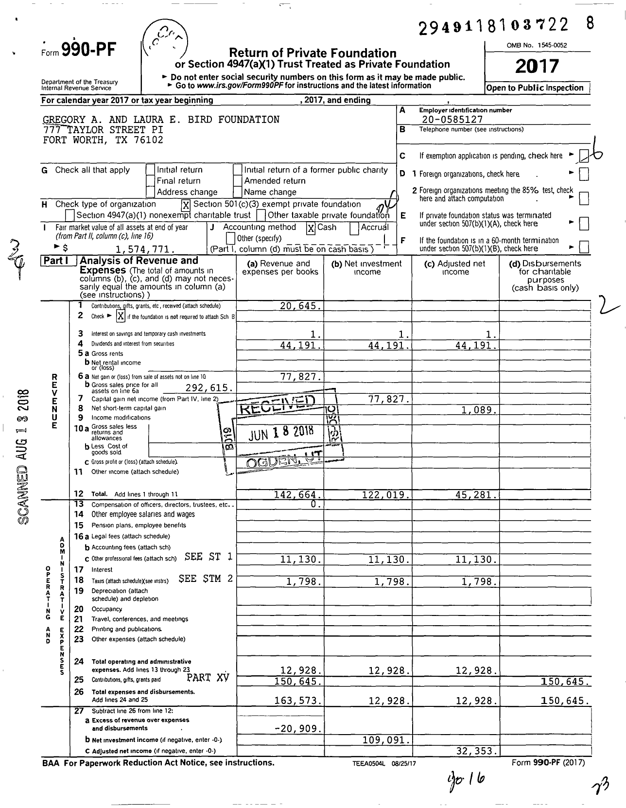 Image of first page of 2017 Form 990PF for Gregory A and Laura E Bird Foundation