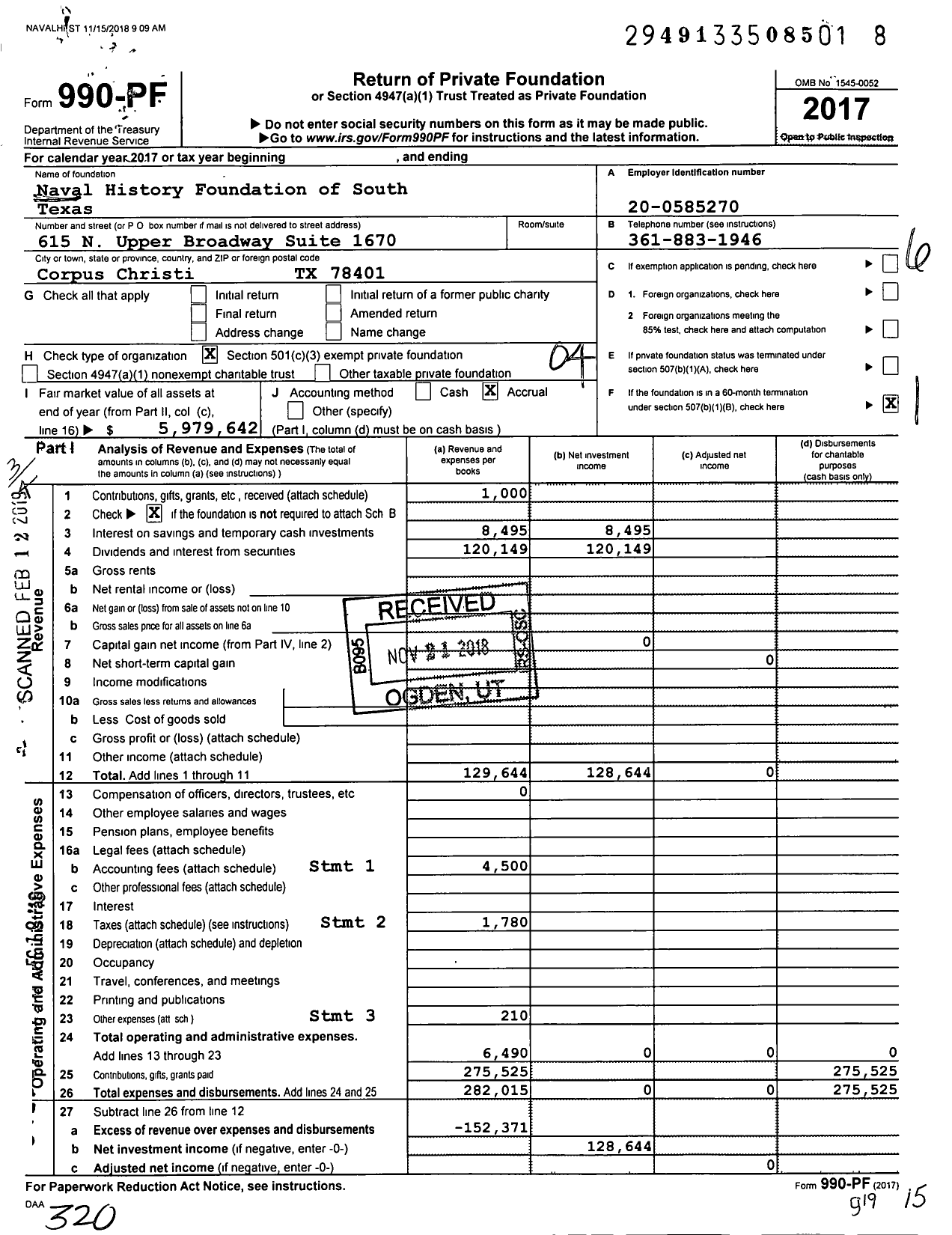 Image of first page of 2017 Form 990PF for Naval History Foundation of South Texas