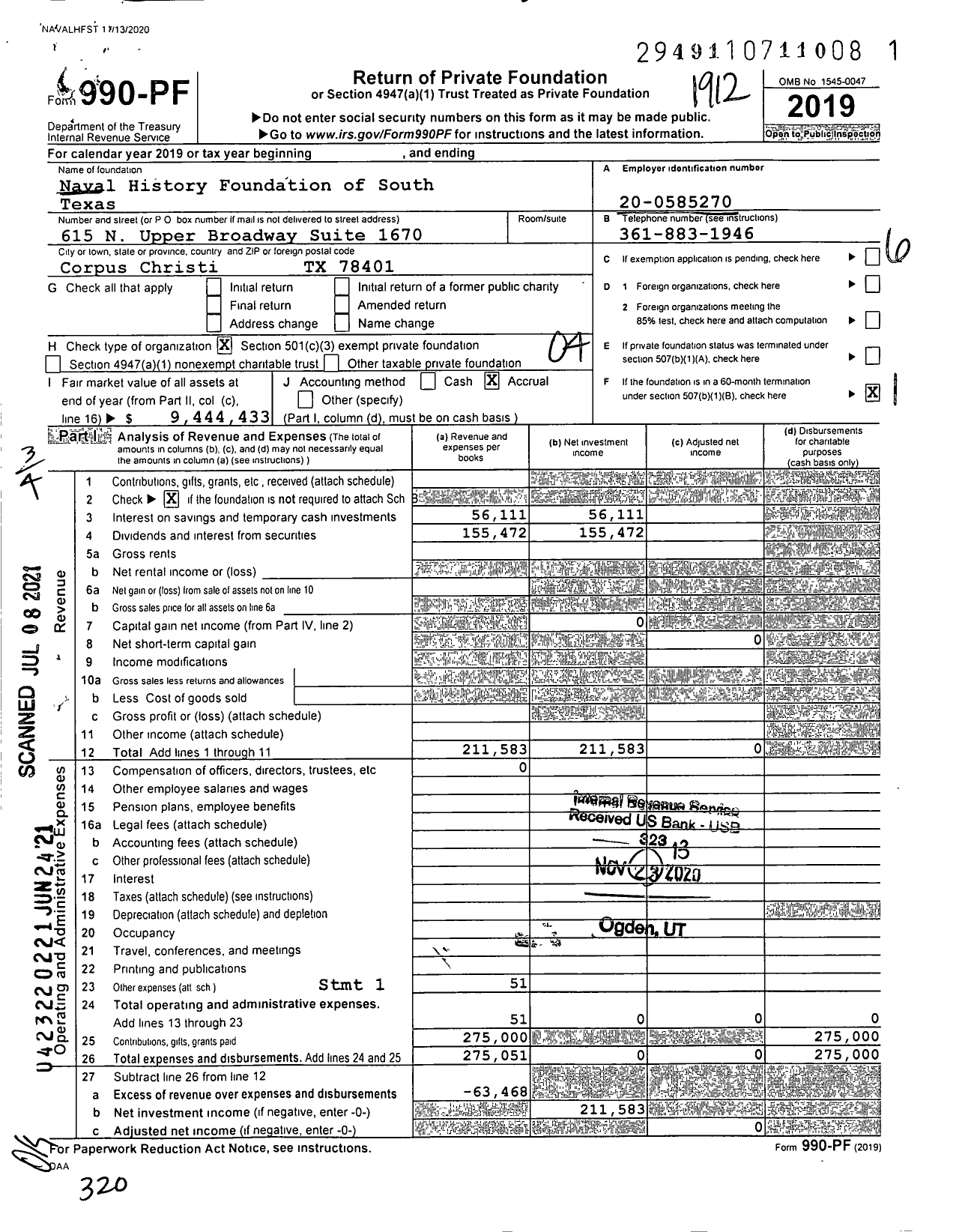 Image of first page of 2019 Form 990PF for Naval History Foundation of South Texas