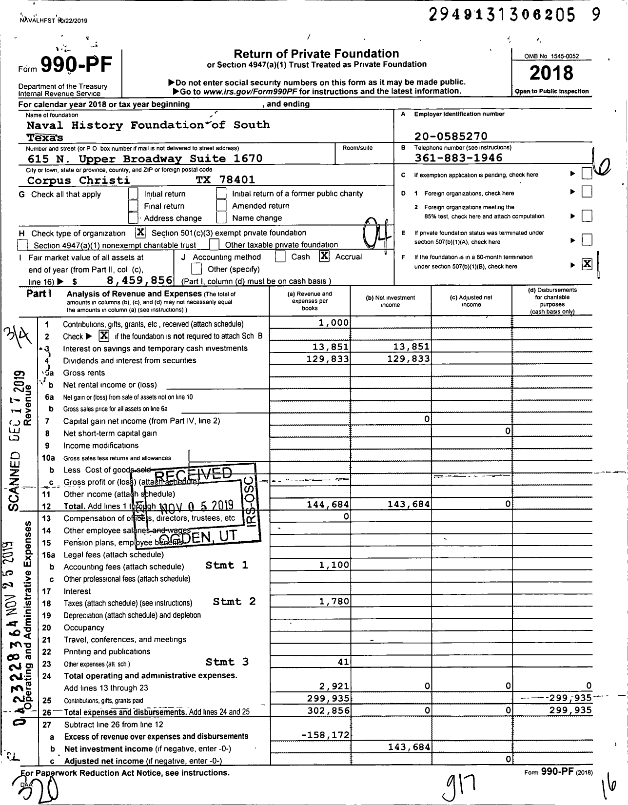 Image of first page of 2018 Form 990PF for Naval History Foundation of South Texas