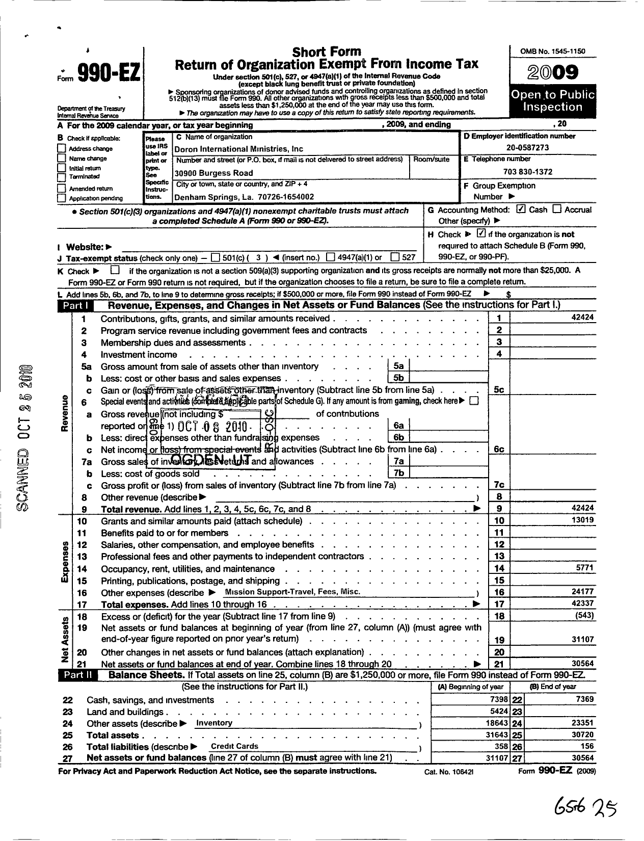 Image of first page of 2009 Form 990EZ for Doron Internatiional Ministries