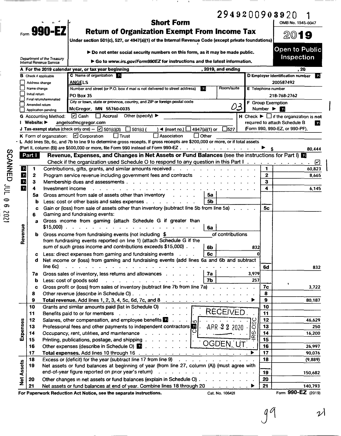 Image of first page of 2019 Form 990EZ for Angels