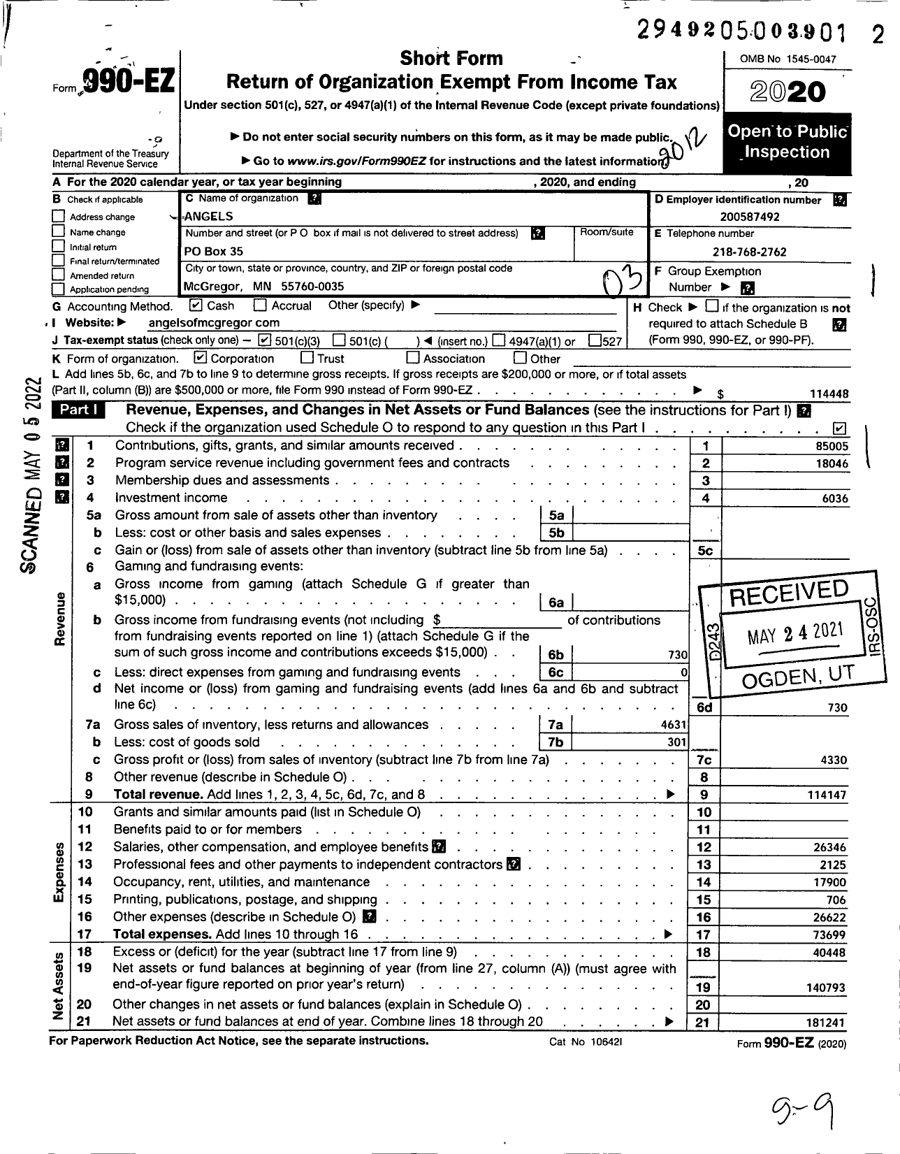 Image of first page of 2020 Form 990EZ for Angels