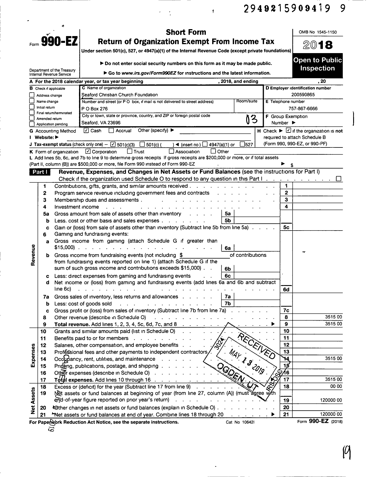 Image of first page of 2018 Form 990EZ for Seaford Church of Christ Foundation