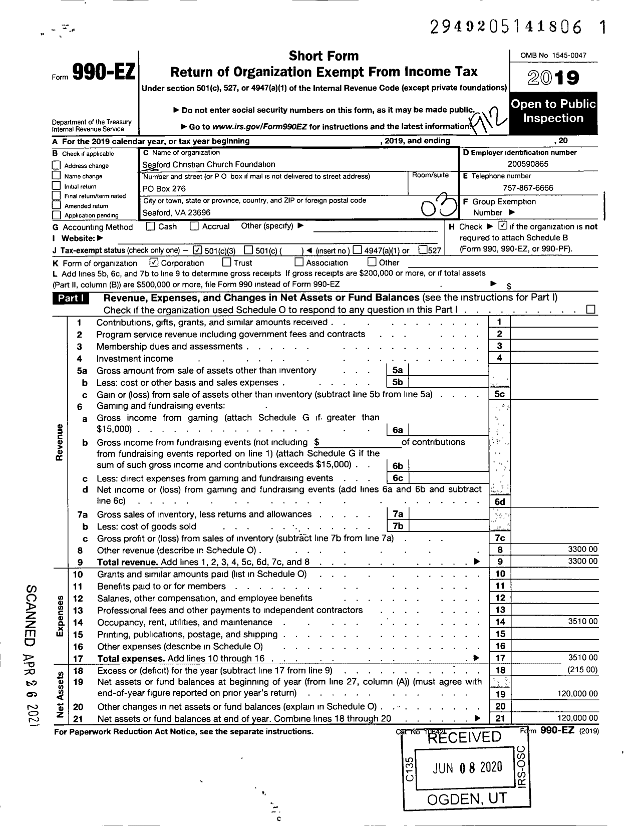 Image of first page of 2019 Form 990EZ for Seaford Church of Christ Foundation