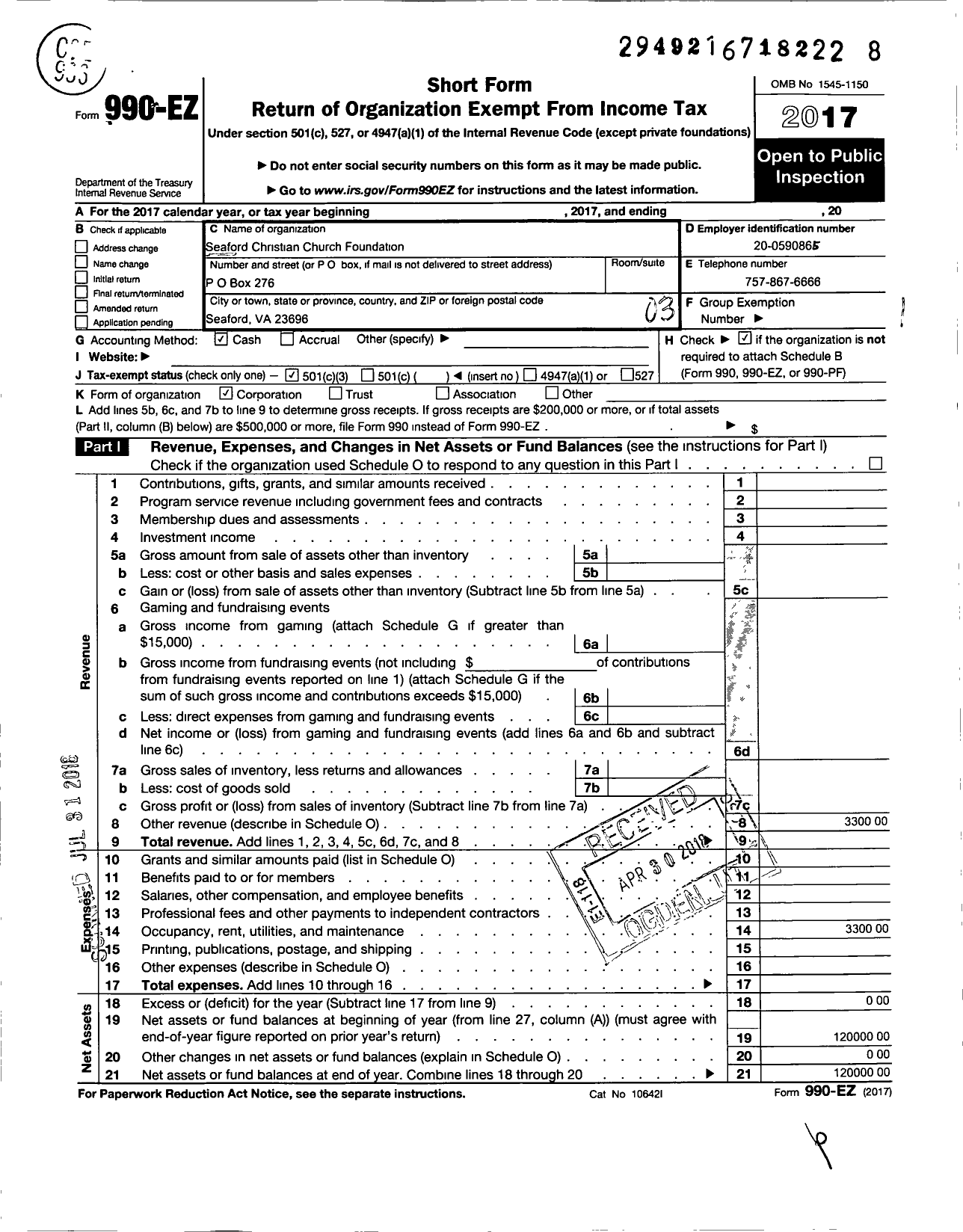 Image of first page of 2017 Form 990EZ for Seaford Church of Christ Foundation