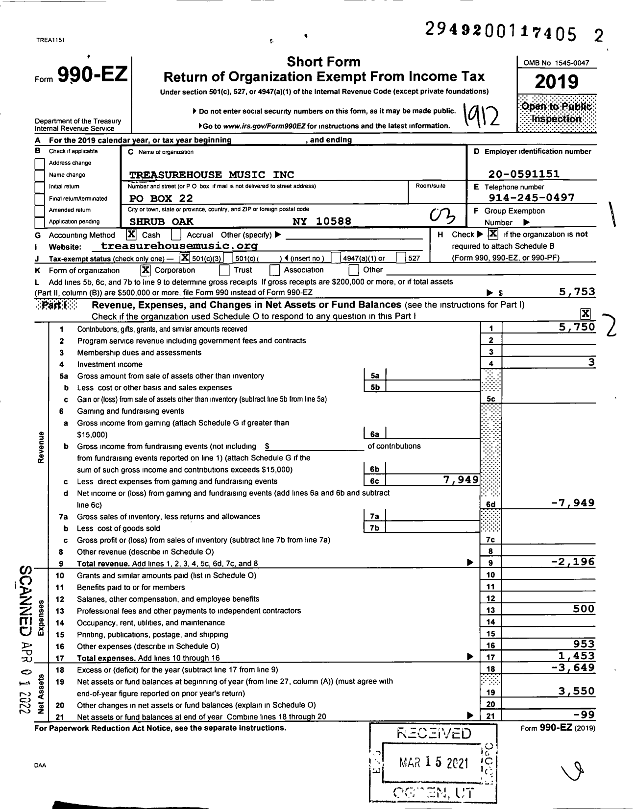 Image of first page of 2019 Form 990EZ for Treasurehouse Music