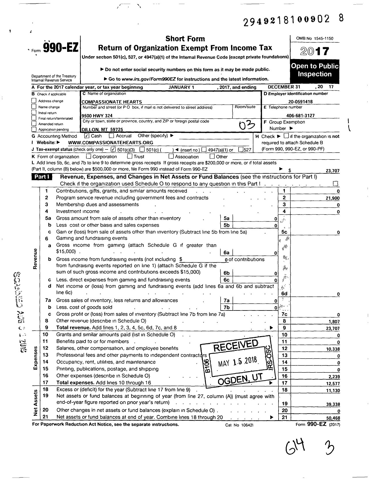 Image of first page of 2017 Form 990EZ for Compassionate Hearts