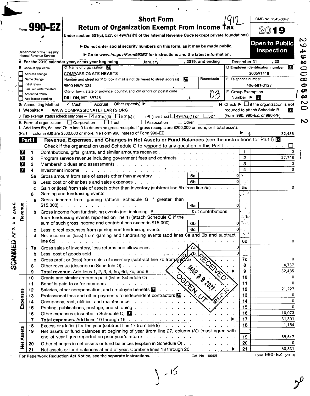 Image of first page of 2019 Form 990EZ for Compassionate Hearts