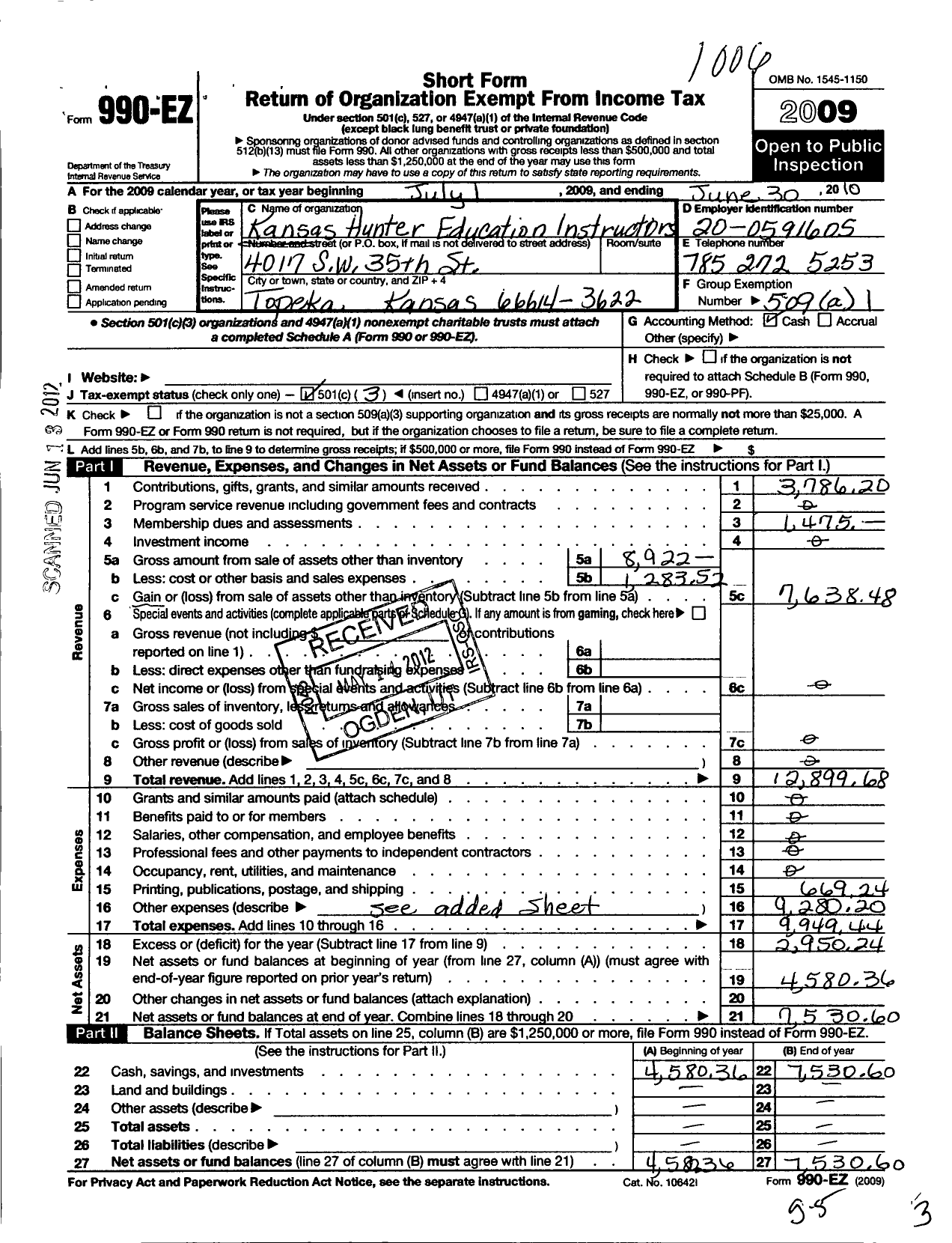 Image of first page of 2009 Form 990EZ for Kansas Hunter Education Instructors Association Incorporated