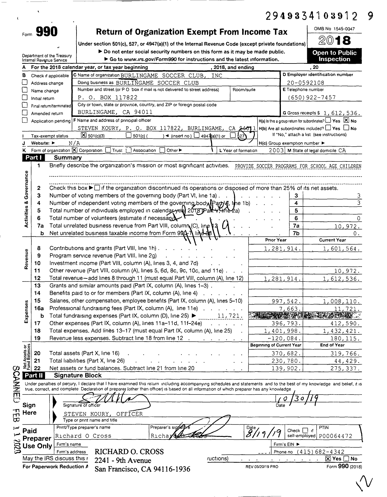 Image of first page of 2018 Form 990 for Burlingame Soccer Club (BSC)