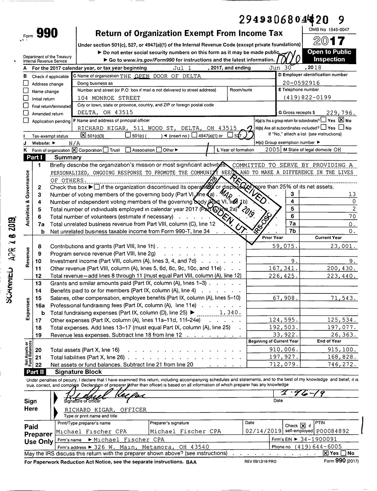 Image of first page of 2017 Form 990 for The Open Door of Delta