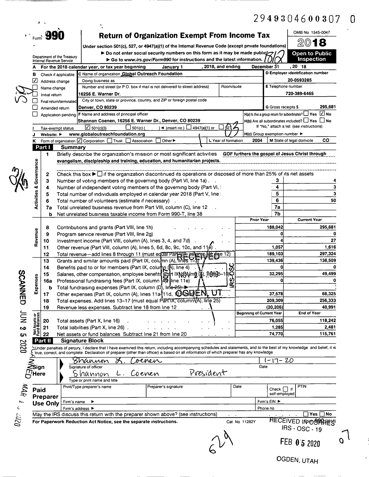 Image of first page of 2018 Form 990 for Global Outreach Foundation