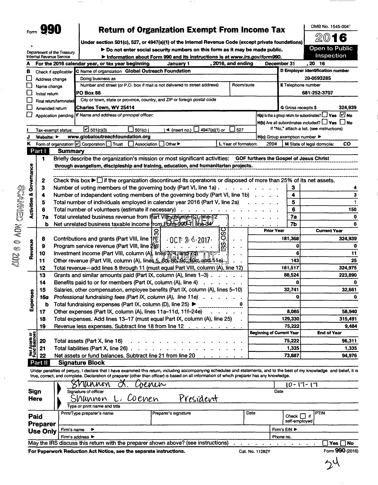 Image of first page of 2016 Form 990 for Global Outreach Foundation