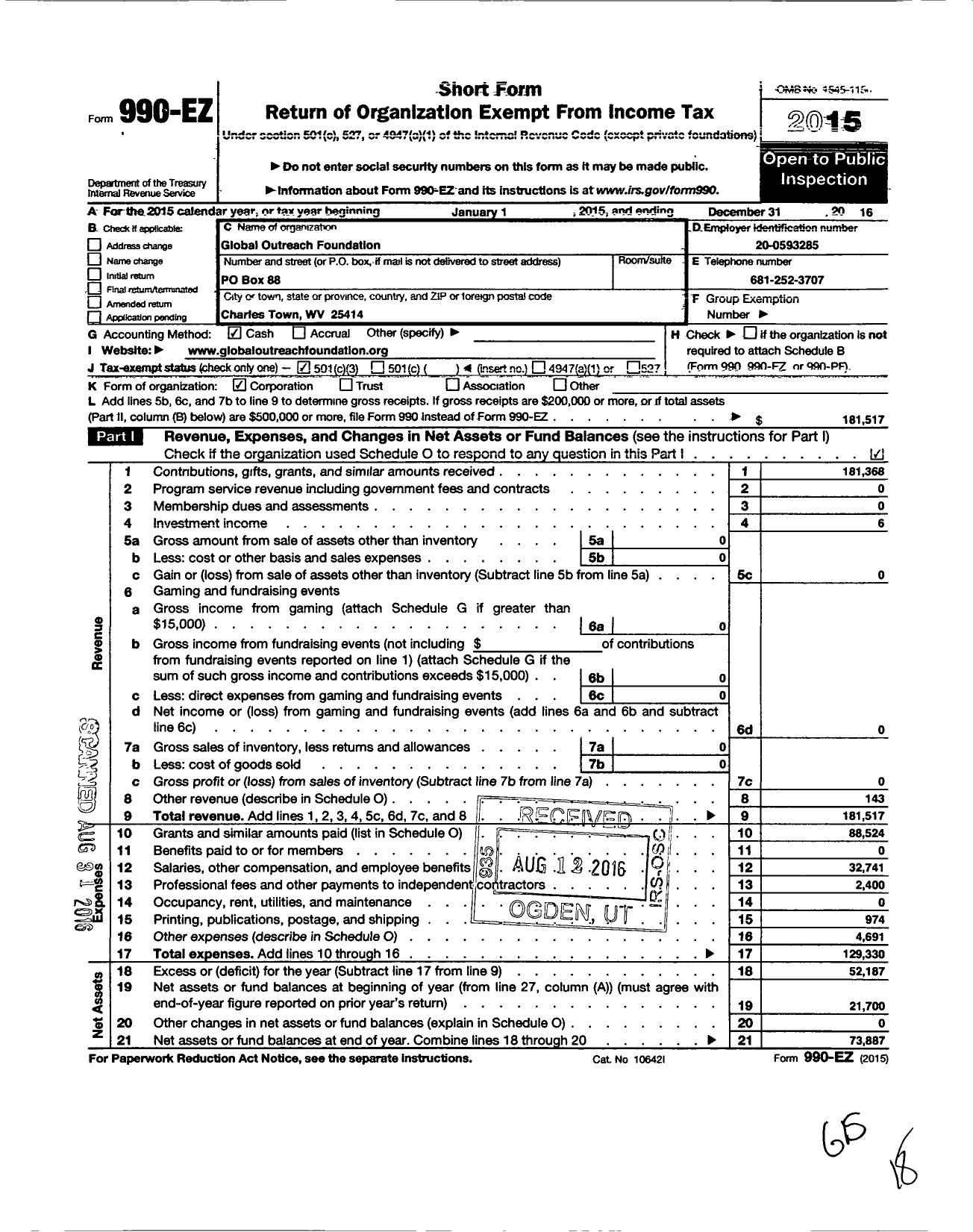 Image of first page of 2016 Form 990EZ for Global Outreach Foundation