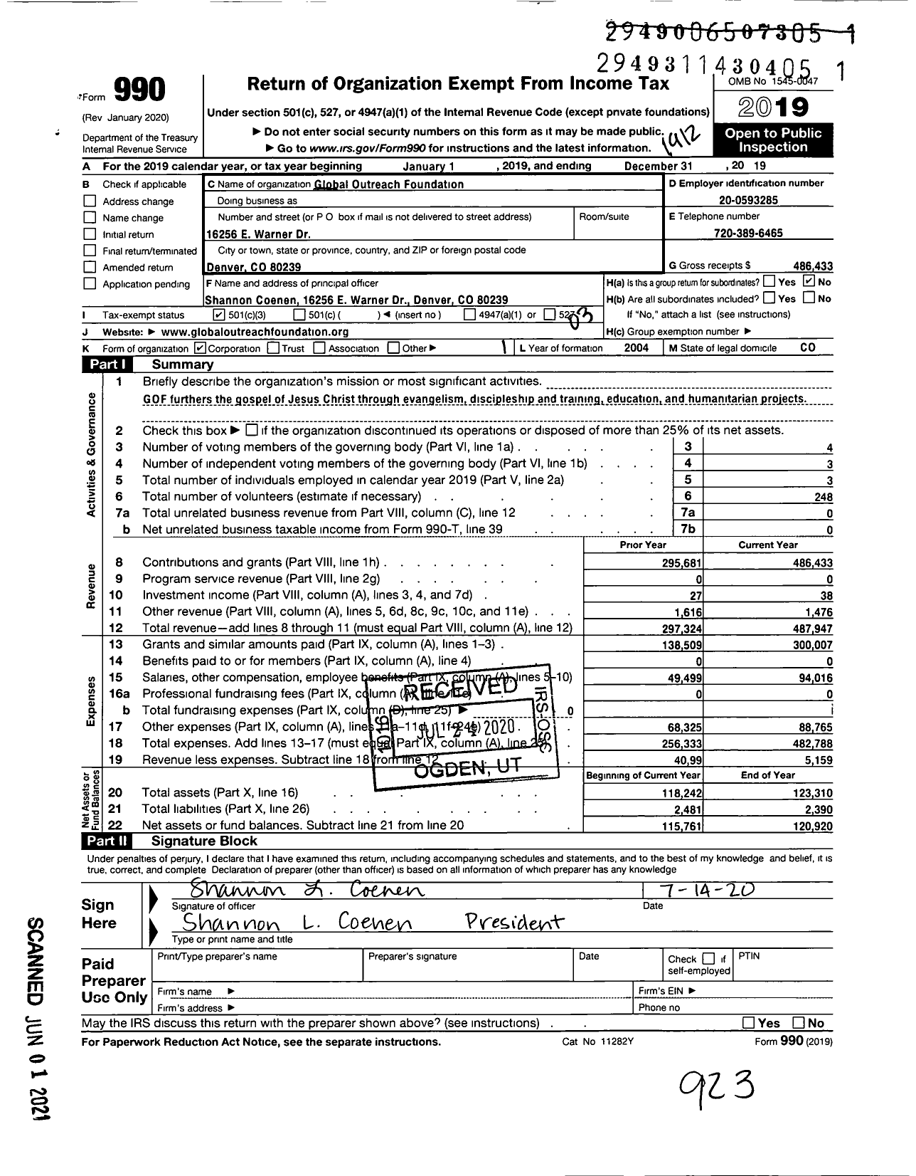 Image of first page of 2019 Form 990 for Global Outreach Foundation