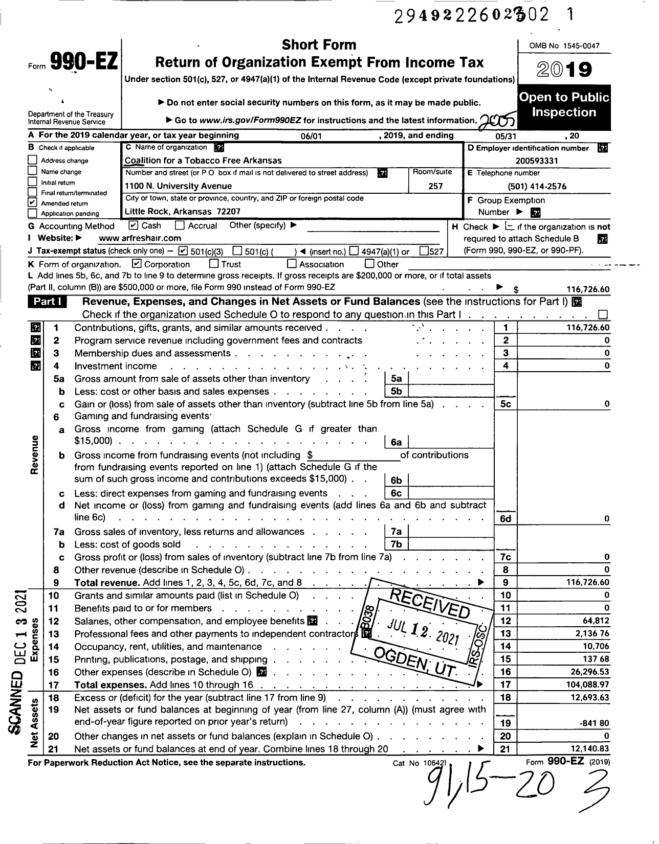 Image of first page of 2019 Form 990EZ for Coalition for A Tobacco Free Arkansas