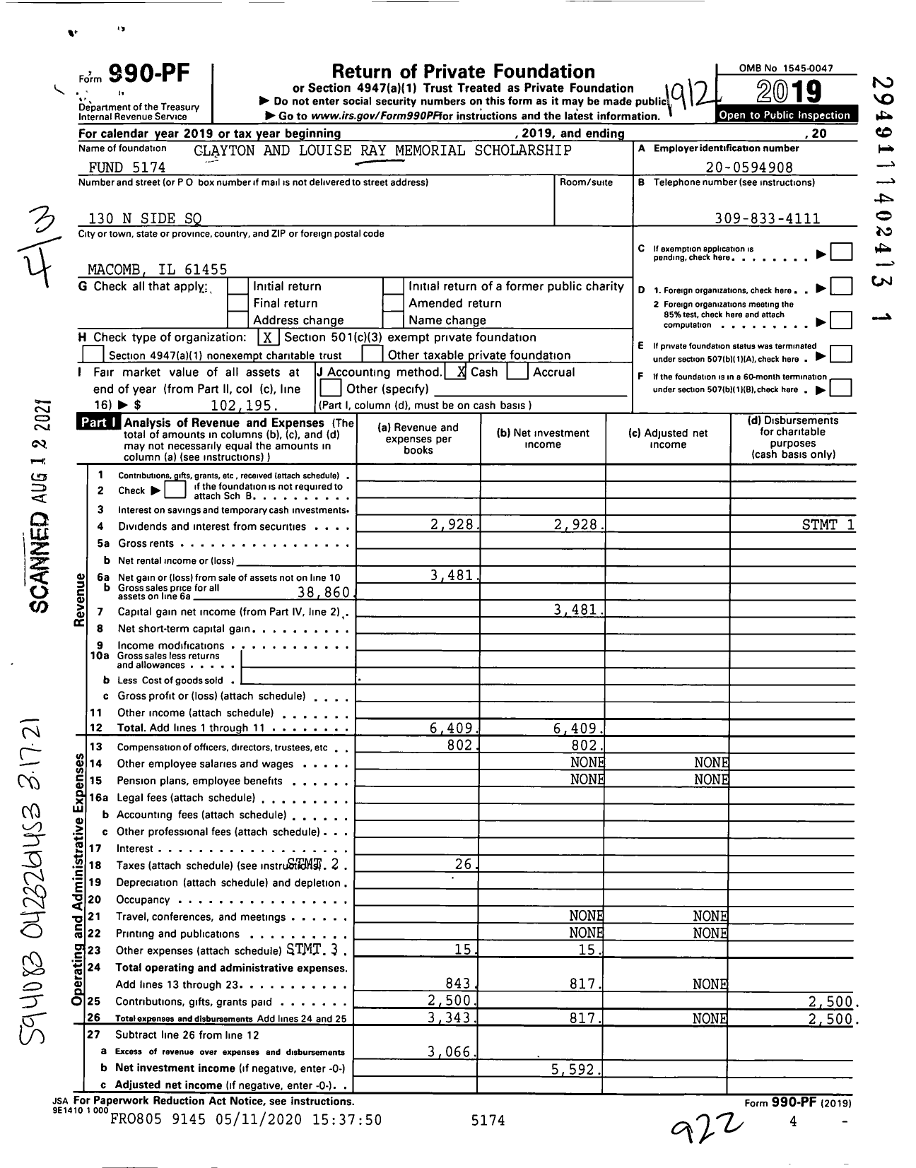 Image of first page of 2019 Form 990PF for Clayton and Louise Ray Memorial Scholarship