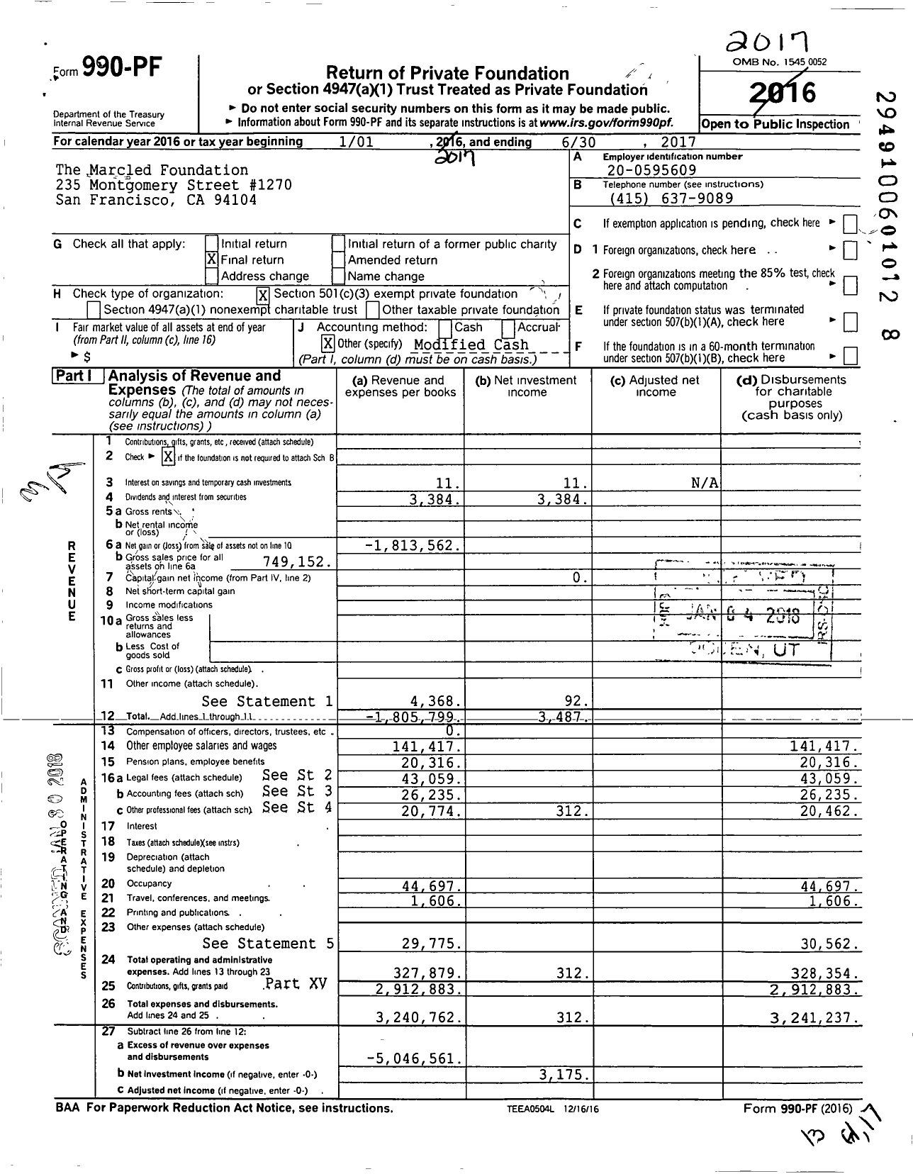 Image of first page of 2016 Form 990PF for Marcled Foundation