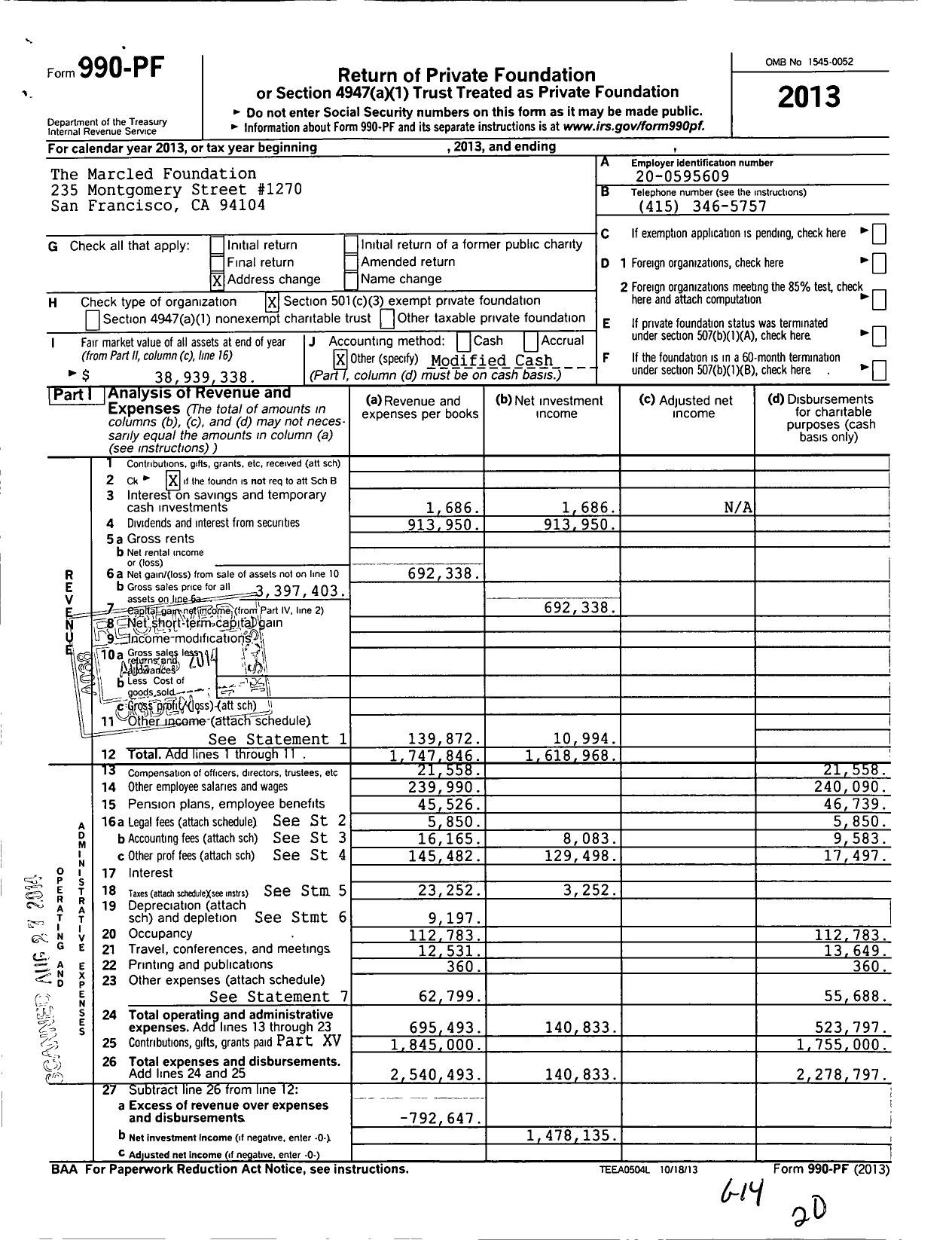 Image of first page of 2013 Form 990PF for Marcled Foundation