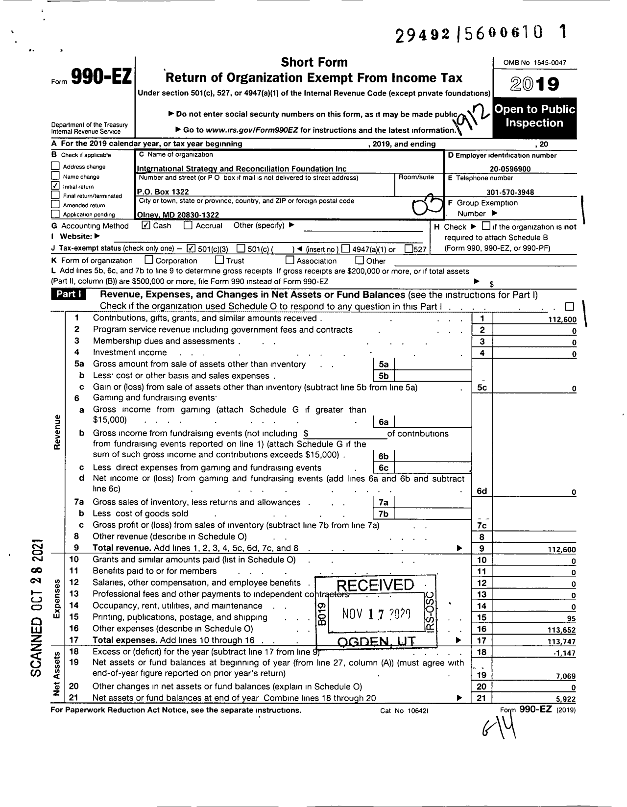 Image of first page of 2019 Form 990EZ for International Strategy and Reconciliation Foundation