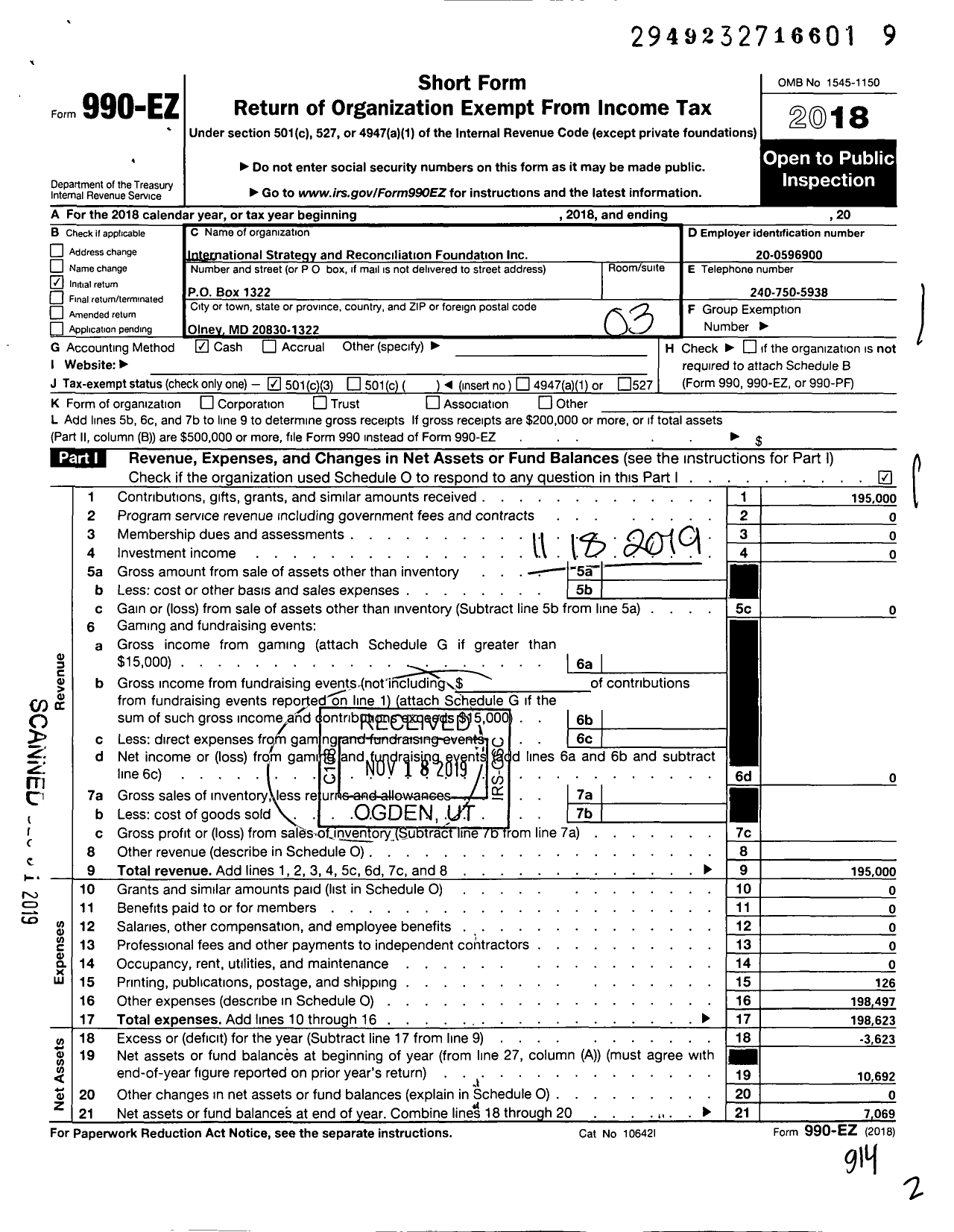 Image of first page of 2018 Form 990EZ for International Strategy and Reconciliation Foundation