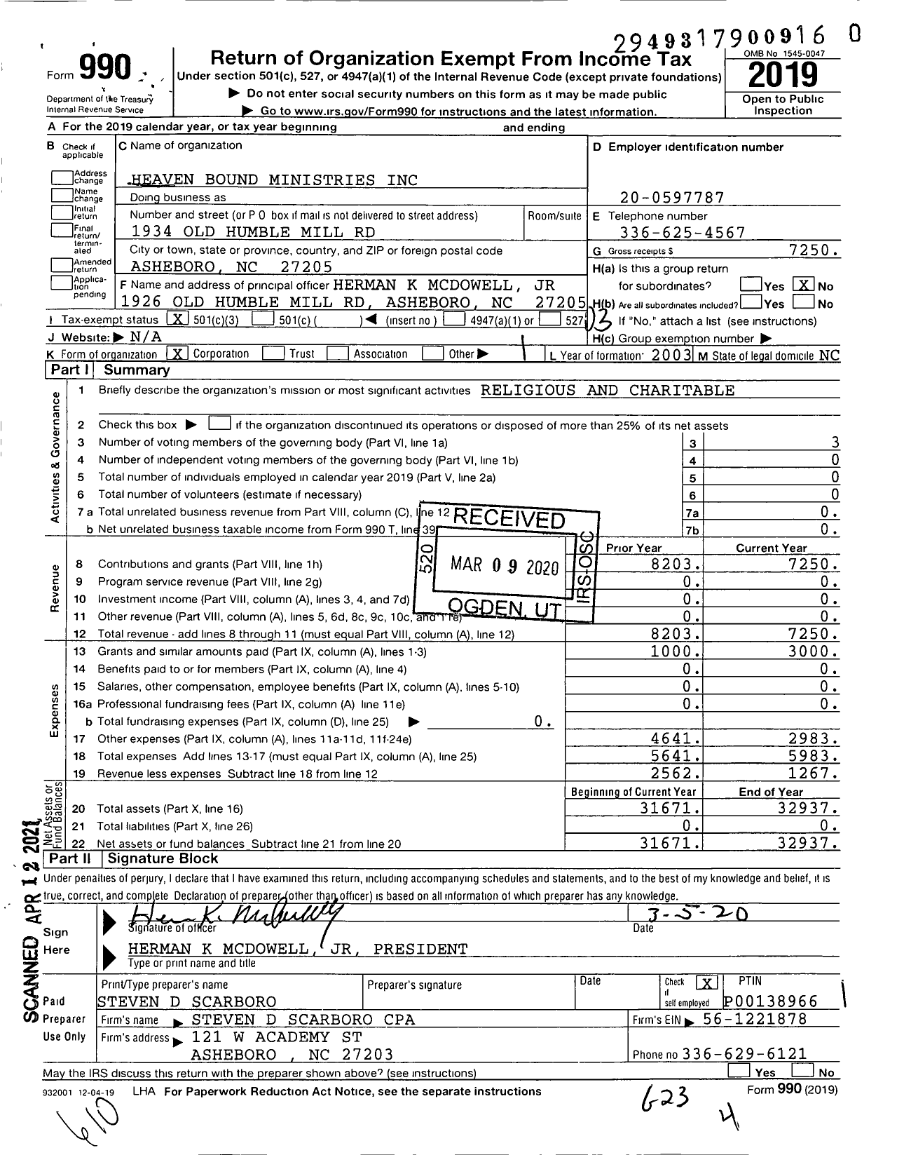 Image of first page of 2019 Form 990 for Heaven Bound Ministries