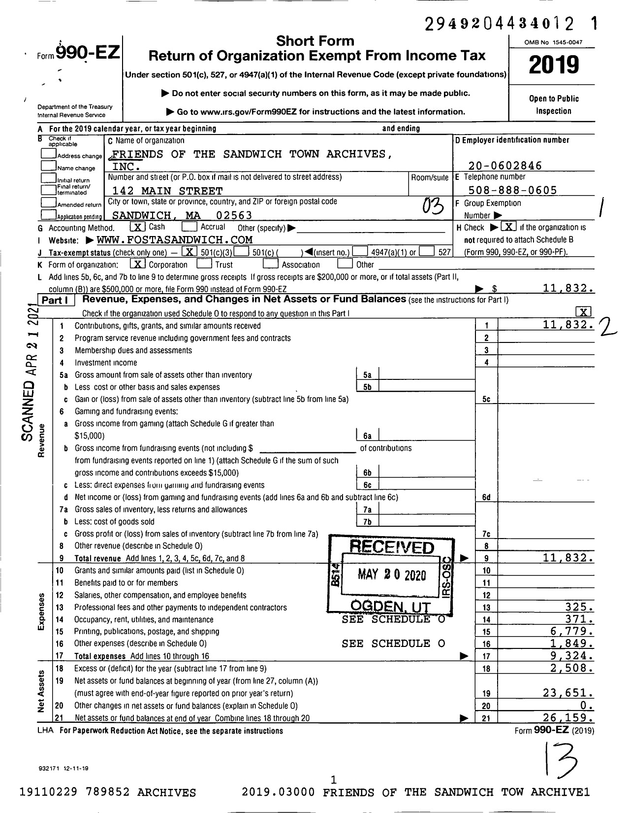 Image of first page of 2019 Form 990EZ for Friends of the Sandwich Town Archives