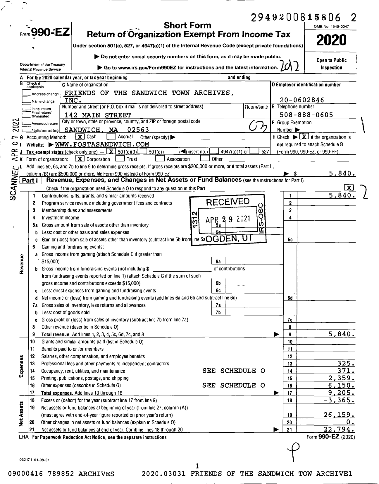 Image of first page of 2020 Form 990EZ for Friends of the Sandwich Town Archives