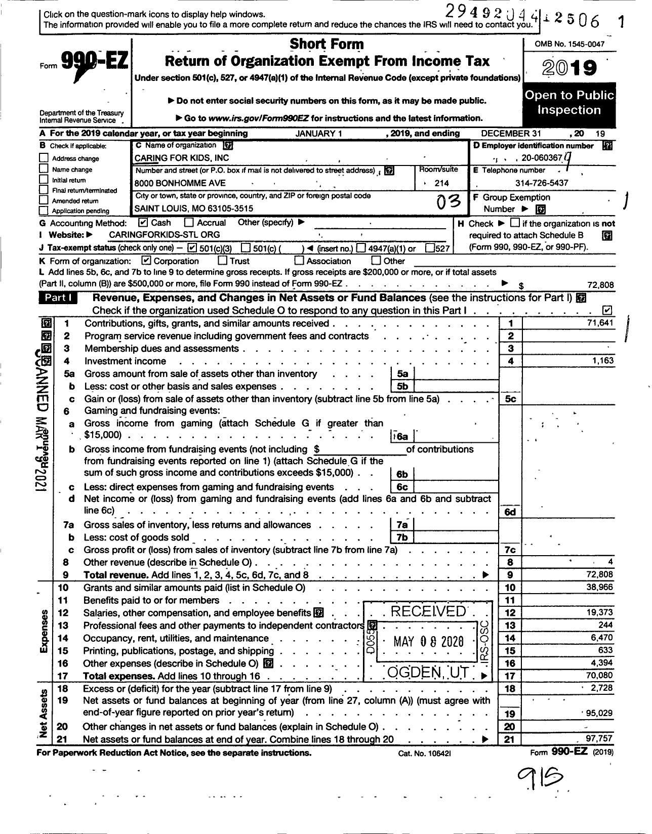 Image of first page of 2019 Form 990EZ for Caring for Kids