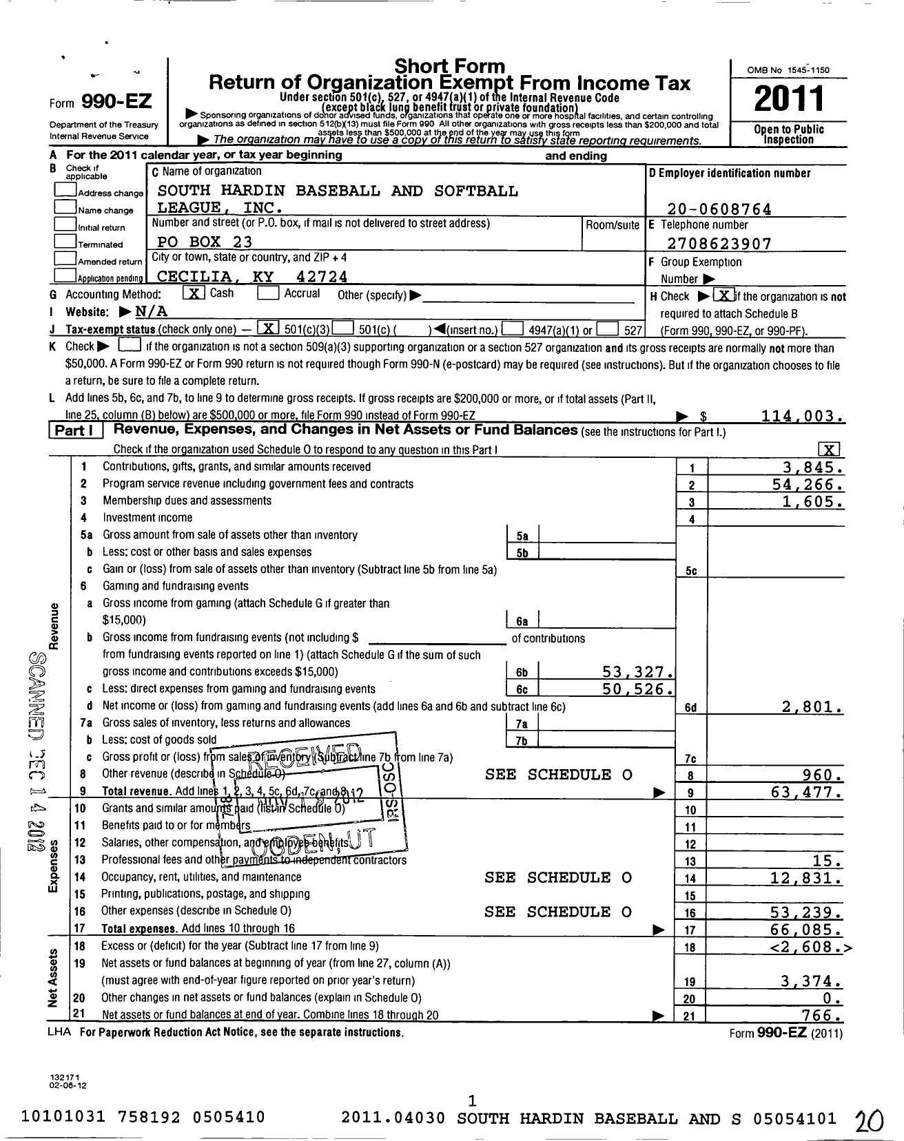 Image of first page of 2011 Form 990EZ for South Hardin Baseball and Softball