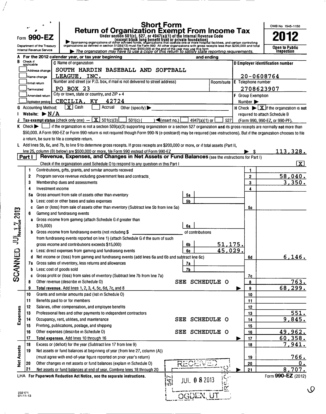 Image of first page of 2012 Form 990EZ for South Hardin Baseball and Softball