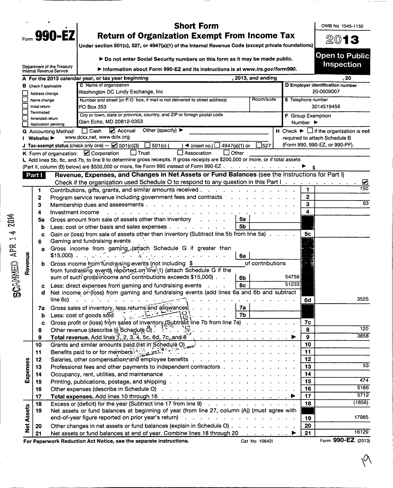 Image of first page of 2013 Form 990EZ for Washington DC Lindy Exchange