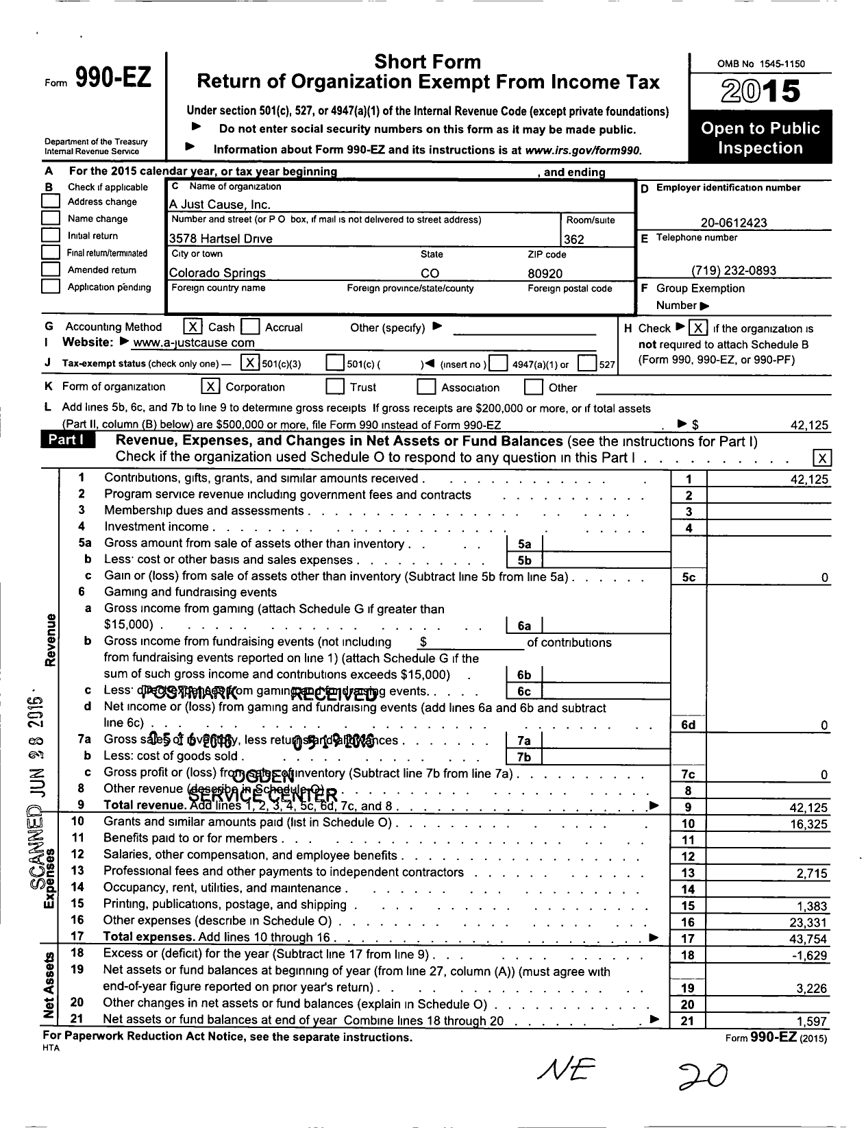 Image of first page of 2015 Form 990EZ for A Just Cause