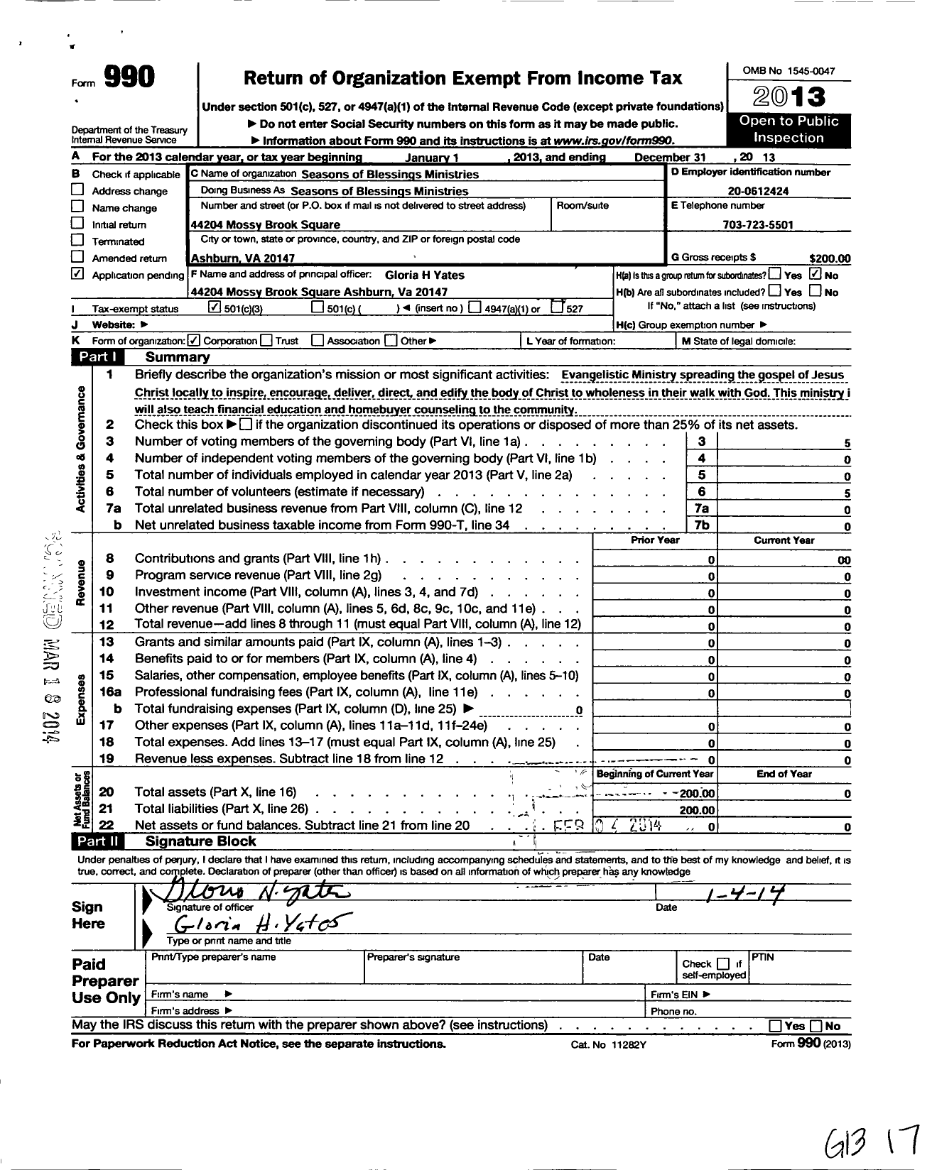 Image of first page of 2013 Form 990 for Season of Blessings Ministries