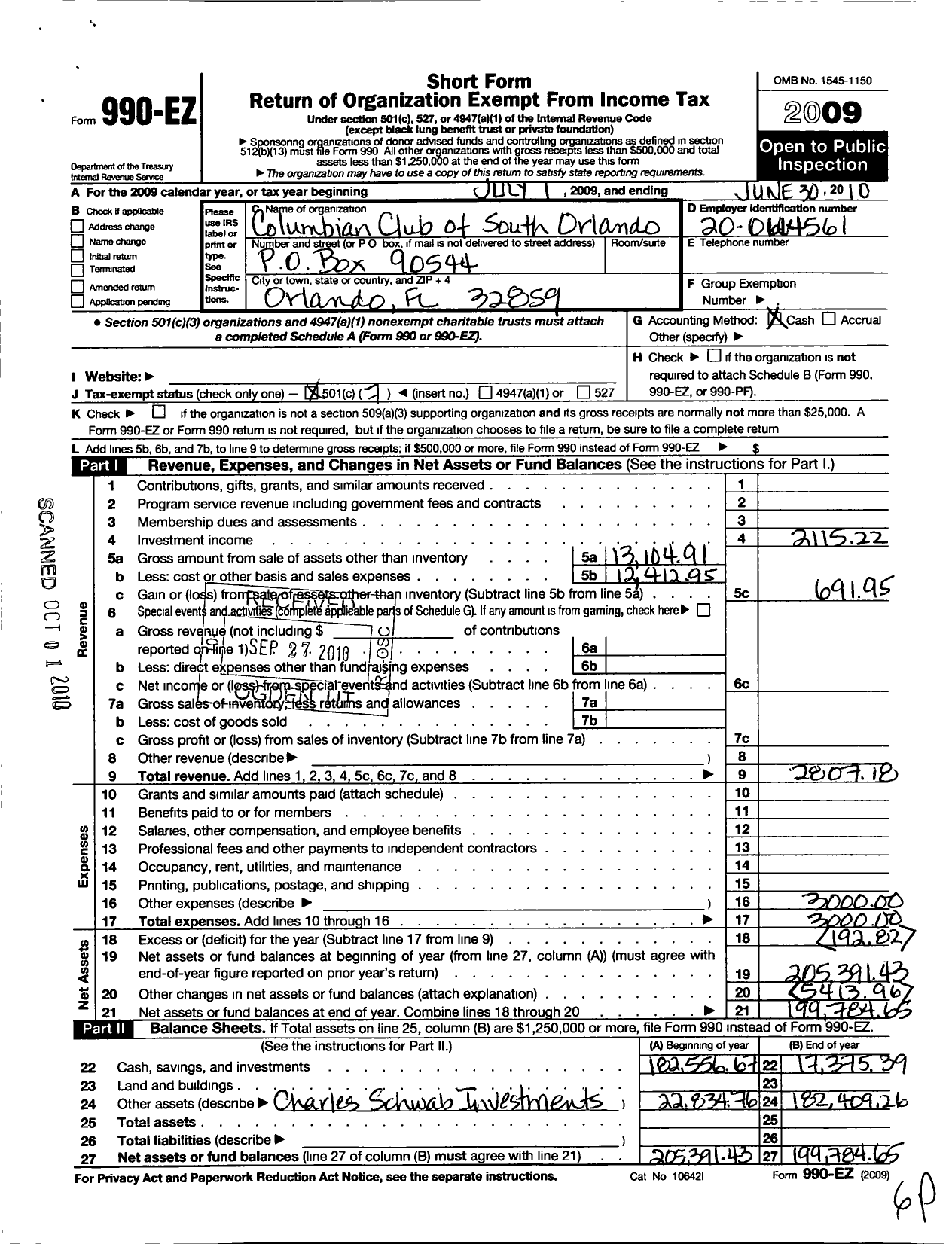 Image of first page of 2009 Form 990EO for Knights of Columbus - 5958 Columbian Club South Orlando