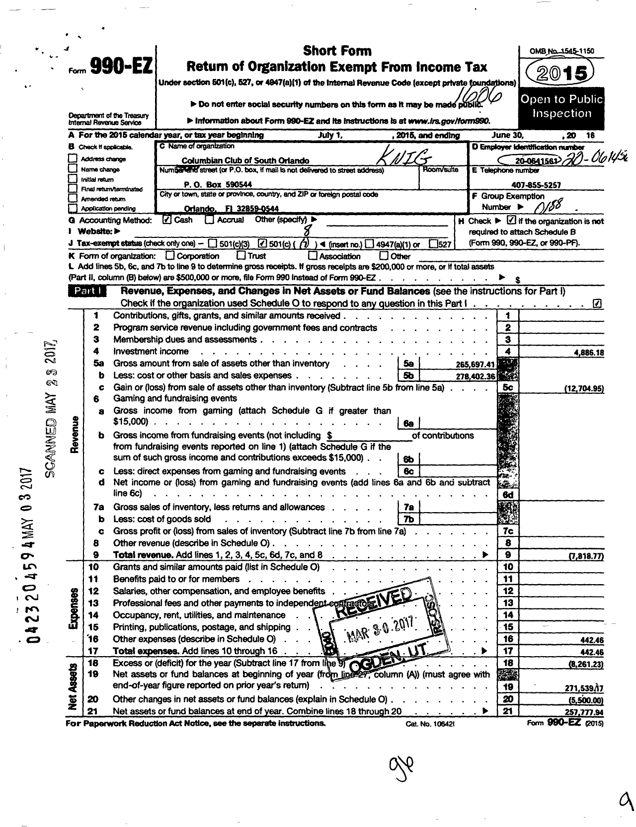 Image of first page of 2015 Form 990EO for Knights of Columbus - 5958 Columbian Club South Orlando