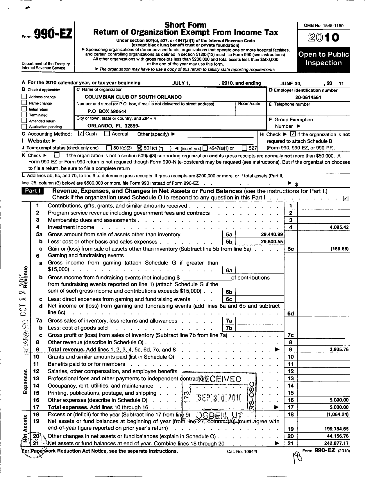 Image of first page of 2010 Form 990EO for Knights of Columbus - 5958 Columbian Club South Orlando