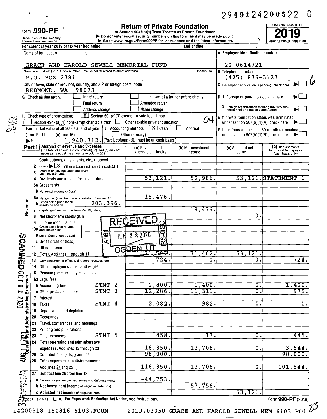 Image of first page of 2019 Form 990PR for Grace and Harold Sewell Memorial Fund