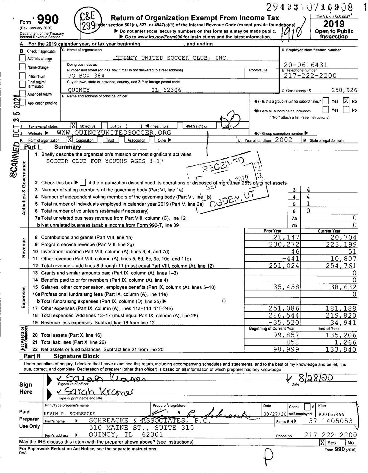 Image of first page of 2019 Form 990 for Quincy United Soccer Club