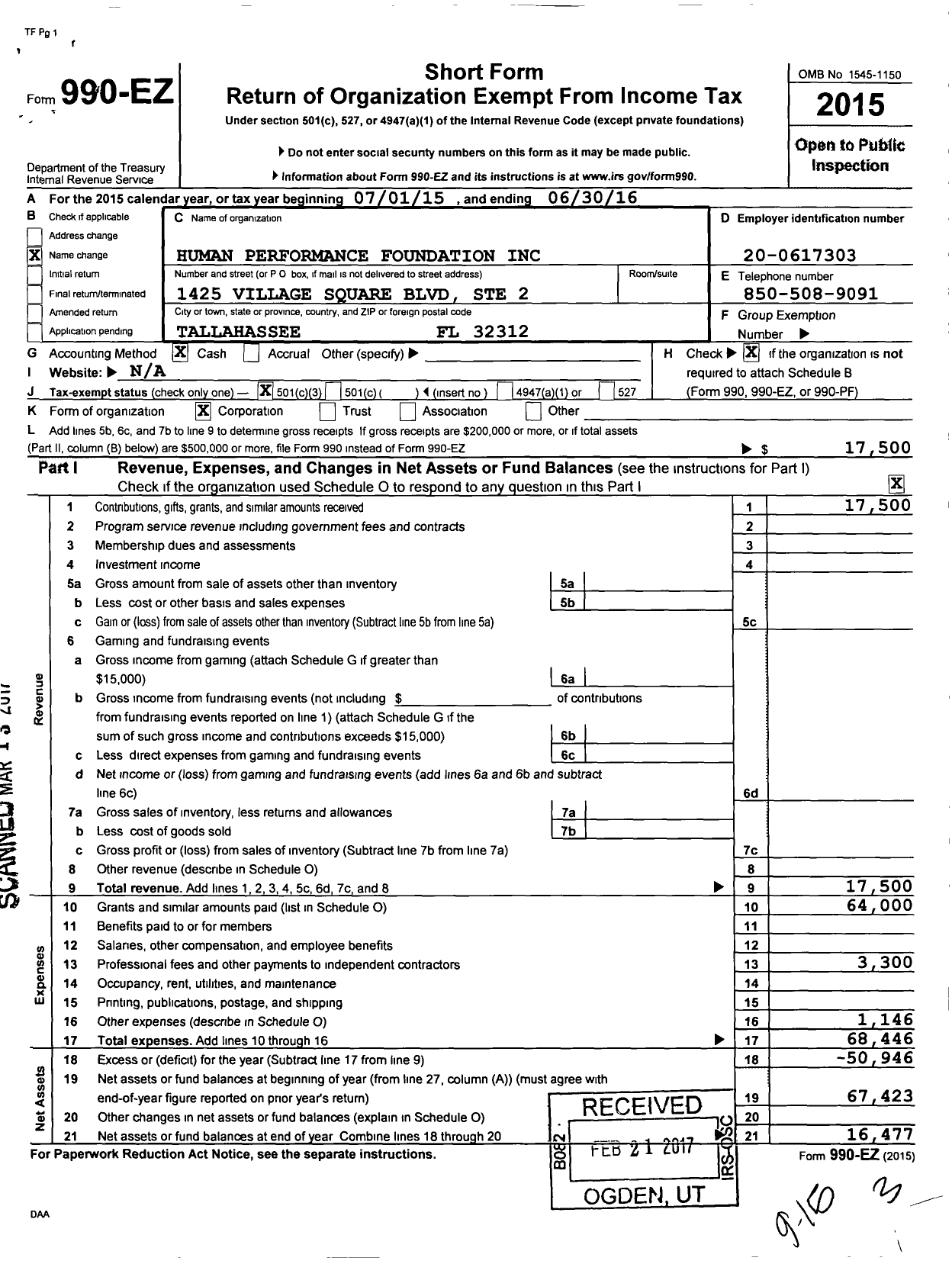 Image of first page of 2015 Form 990EZ for Human Performance Foundation