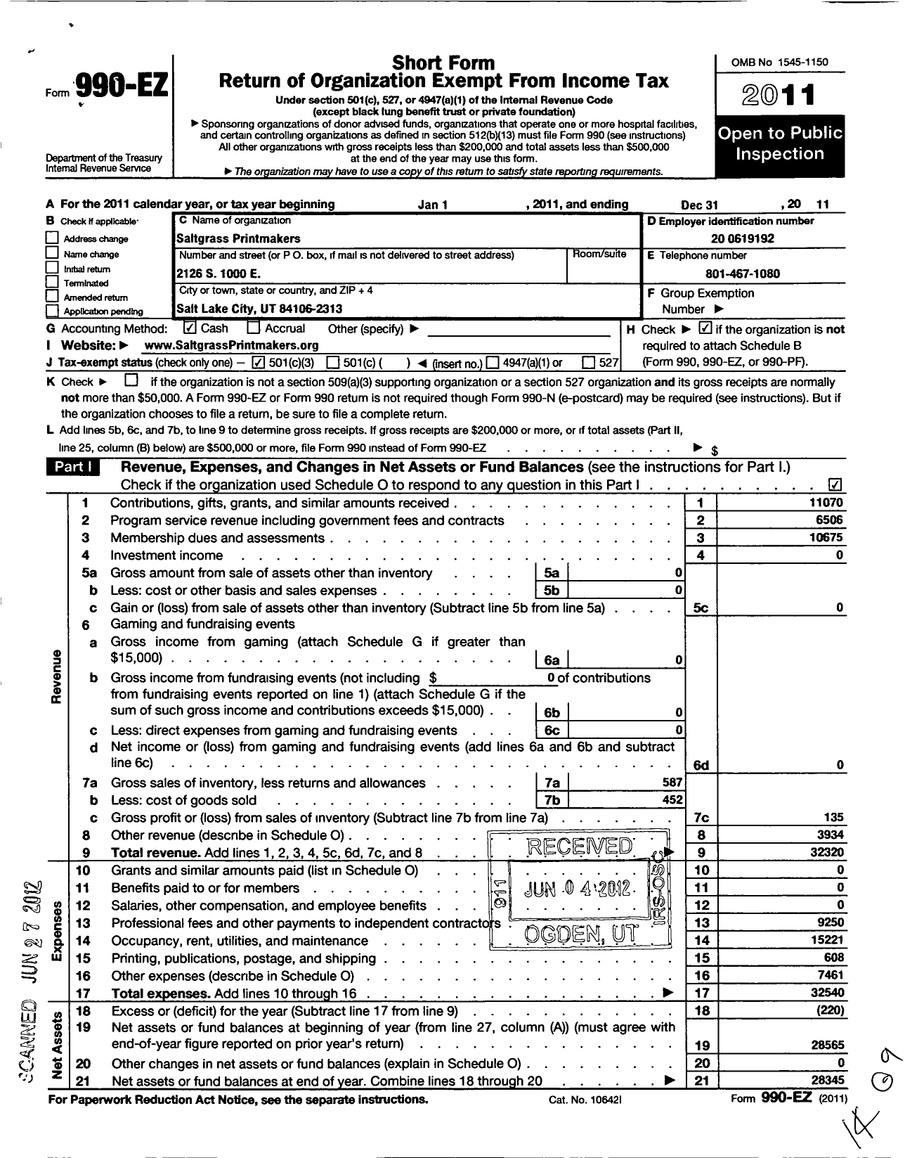 Image of first page of 2011 Form 990EZ for Saltgrass Printmakers