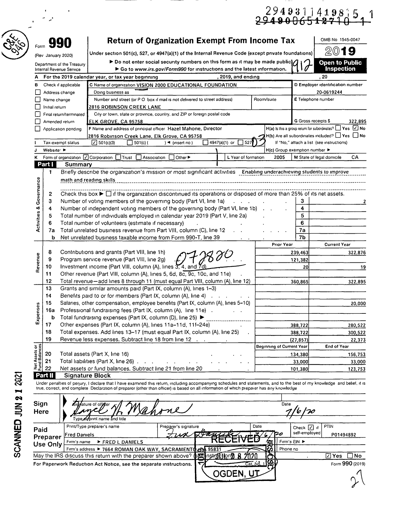 Image of first page of 2019 Form 990 for Vision 2000 Educational Foundation